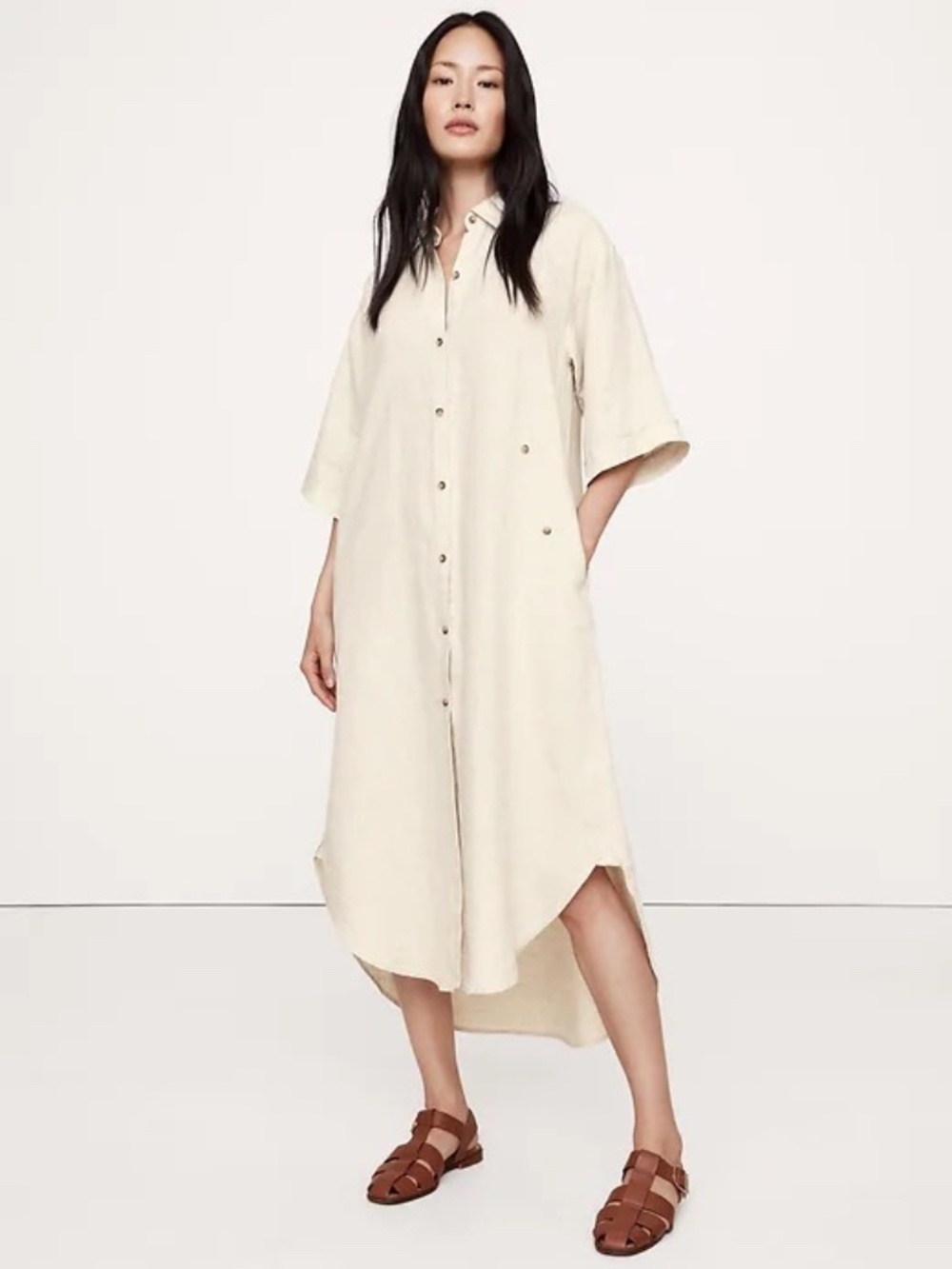NWT Banana Republic Linen Asymmetrical Shirt Dress | Natural Beige